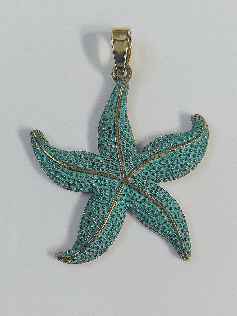 Starfish Necklace Pendant with Green Patina Gold Accents - Womens Jewelry